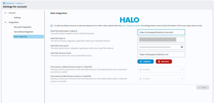 Halo integration settings page showing HaloITSM connection details, including authorisation endpoint, client credentials, resource server URL, and options to validate the integration and enable session activity updates.
